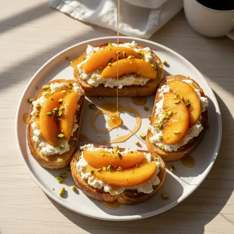 Toast ricotta & pêche rôtie pistaches miel