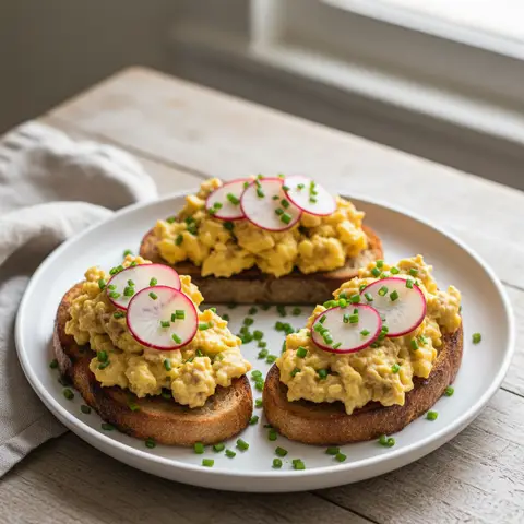 Œufs brouillés miso & radis à la ciboulette