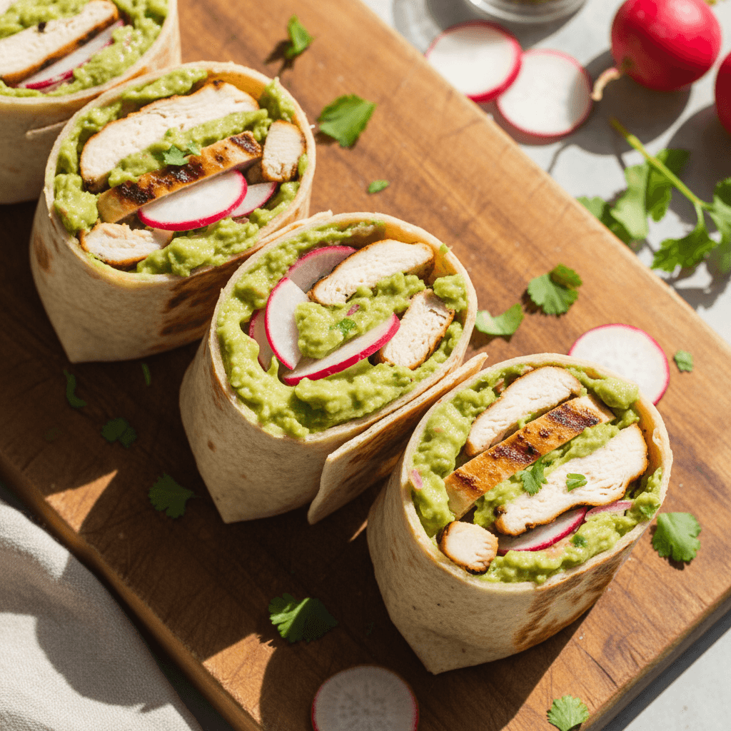 Wrap poulet grillé & guacamole radis croustillants